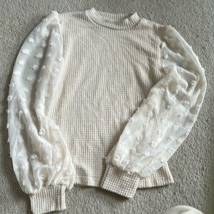 Waffle cream shirt with cute sheer sleeve detailing